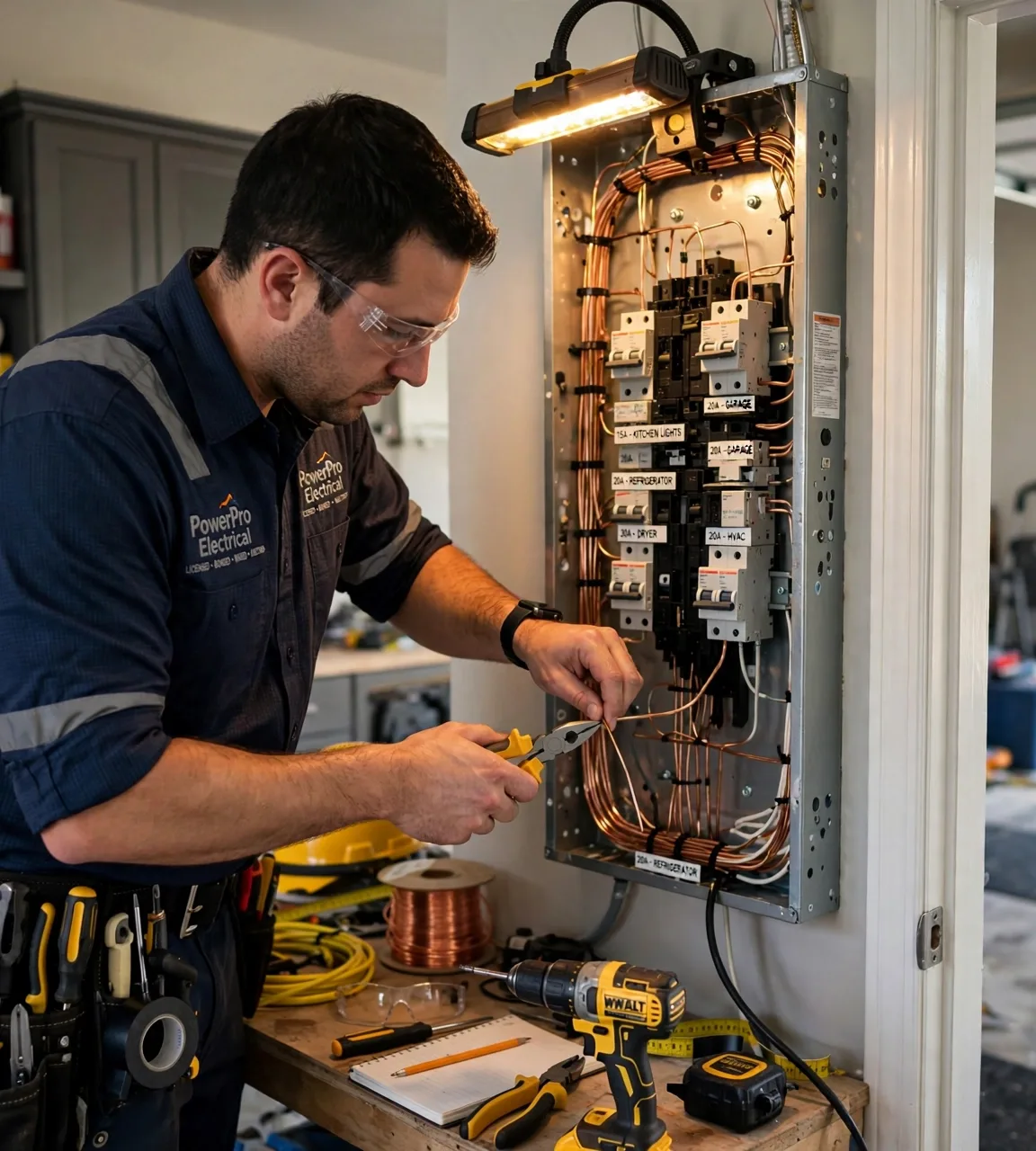 Electrician wiring a residential breaker panel